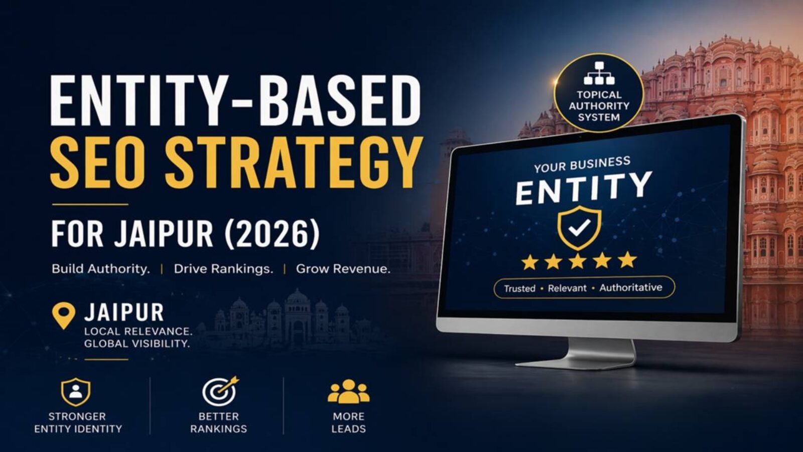 Entity-based SEO strategy for Jaipur 2026 showing topical authority system, Google Business Profile optimization, and local SEO growth for higher rankings and leads