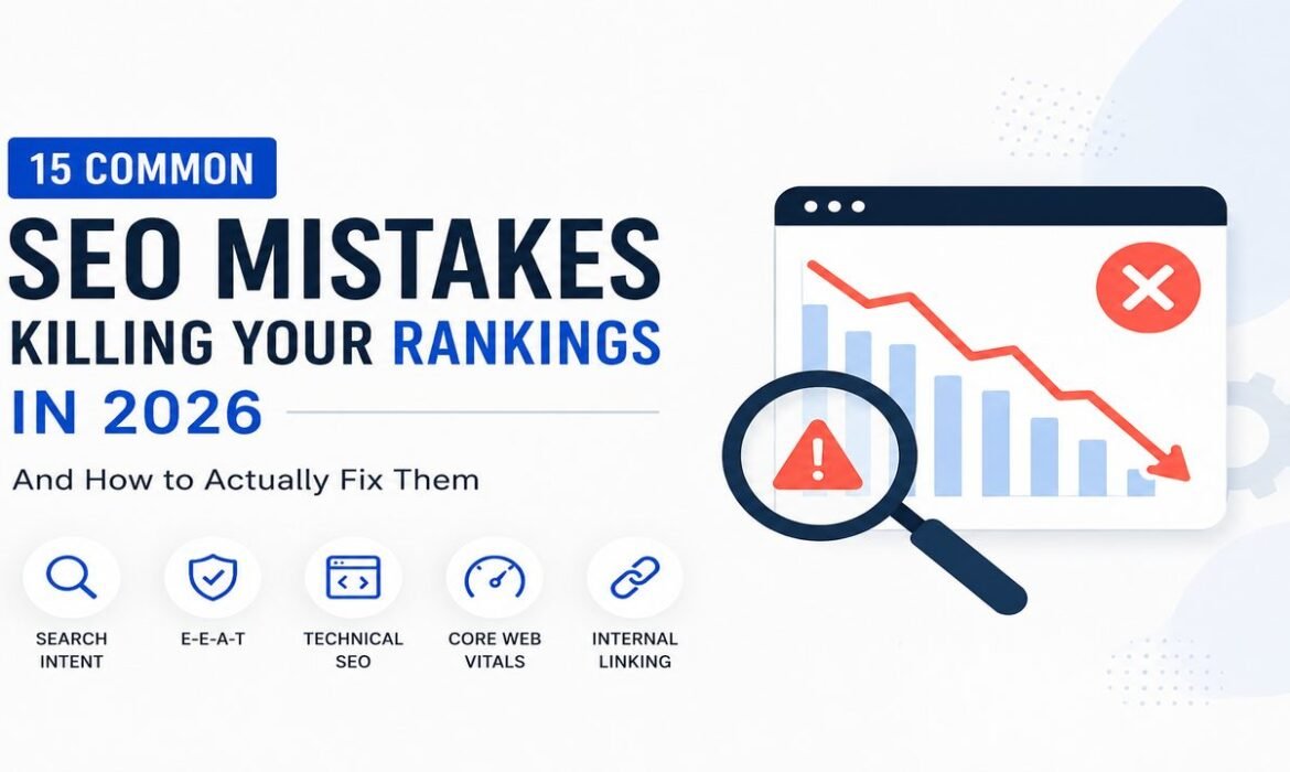 15 common SEO mistakes killing website rankings in 2026 including EEAT, technical SEO, Core Web Vitals, search intent, and internal linking issues