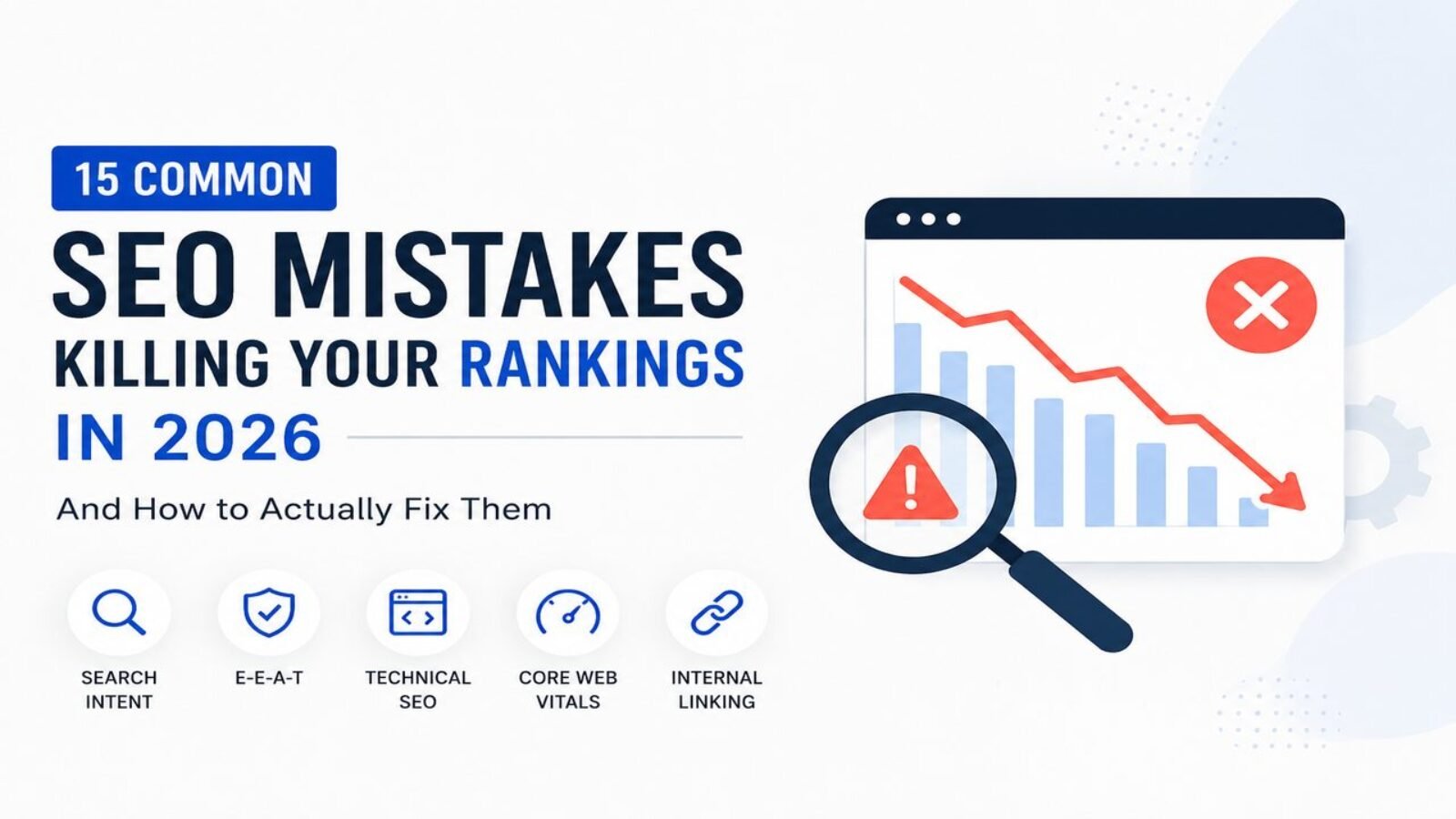 15 common SEO mistakes killing website rankings in 2026 including EEAT, technical SEO, Core Web Vitals, search intent, and internal linking issues