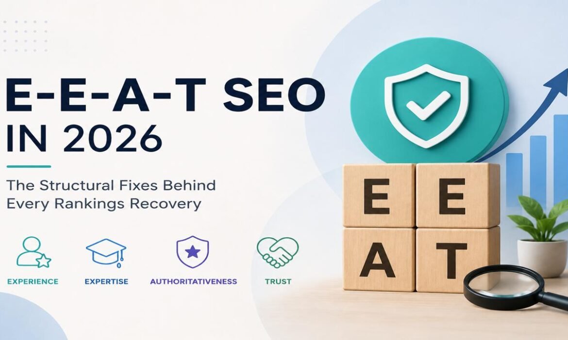 E-E-A-T SEO in 2026 showing experience expertise authoritativeness and trust concepts for Google ranking recovery