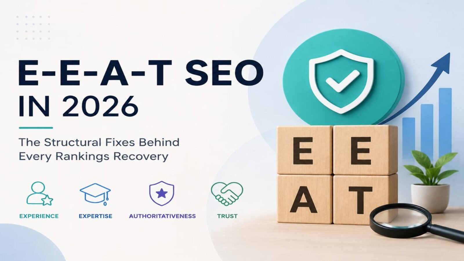 E-E-A-T SEO in 2026 showing experience expertise authoritativeness and trust concepts for Google ranking recovery