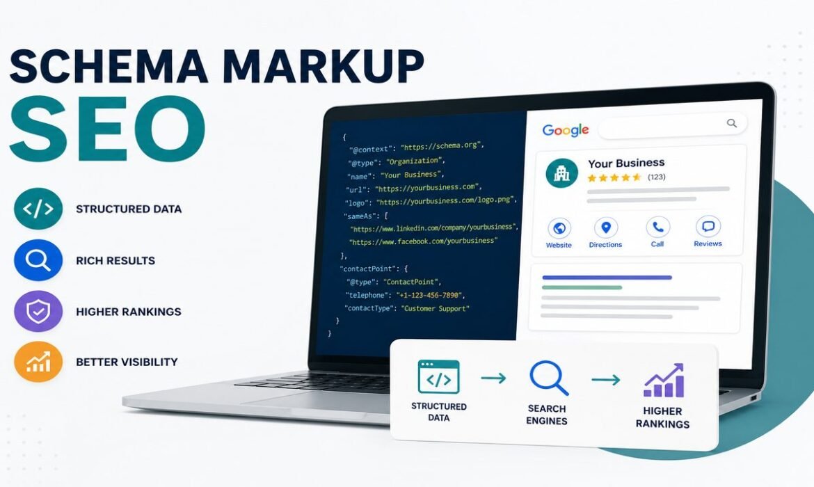 Schema Markup SEO infographic showing structured data, rich results, and higher rankings in Google search
