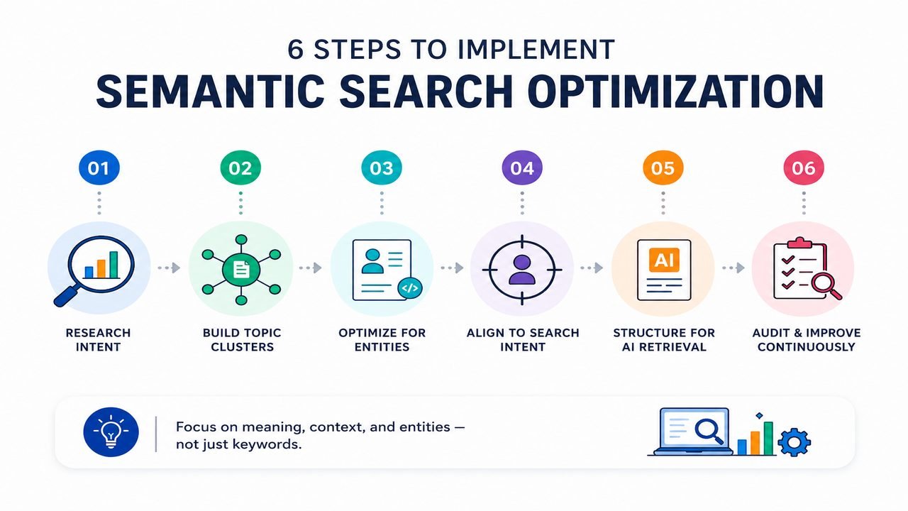 Infographic showing 6 steps to implement semantic search optimization including intent research, topic clusters, entity optimization, search intent alignment, AI retrieval structure, and continuous SEO audits.