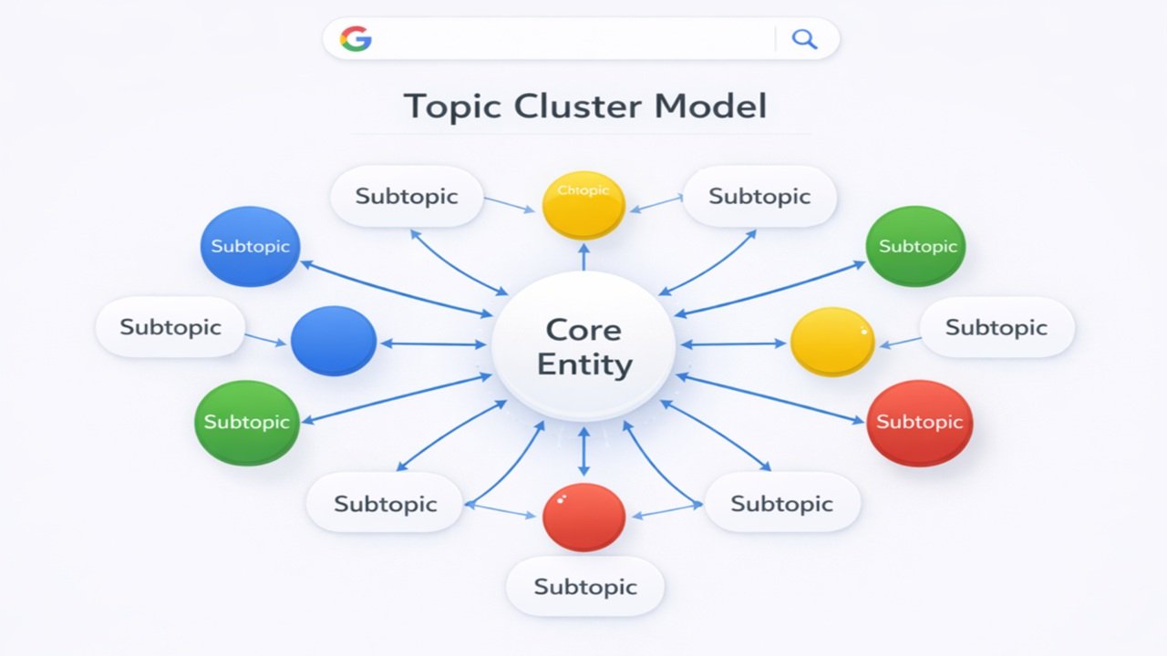 Topic cluster model for building topical authority in SEO with pillar page and interconnected subtopics