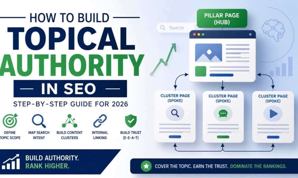 A 3D infographic illustrating the 7-step framework for building topical authority in SEO for 2026, featuring search intent mapping, content clusters, internal linking, and E-E-A-T trust signals.