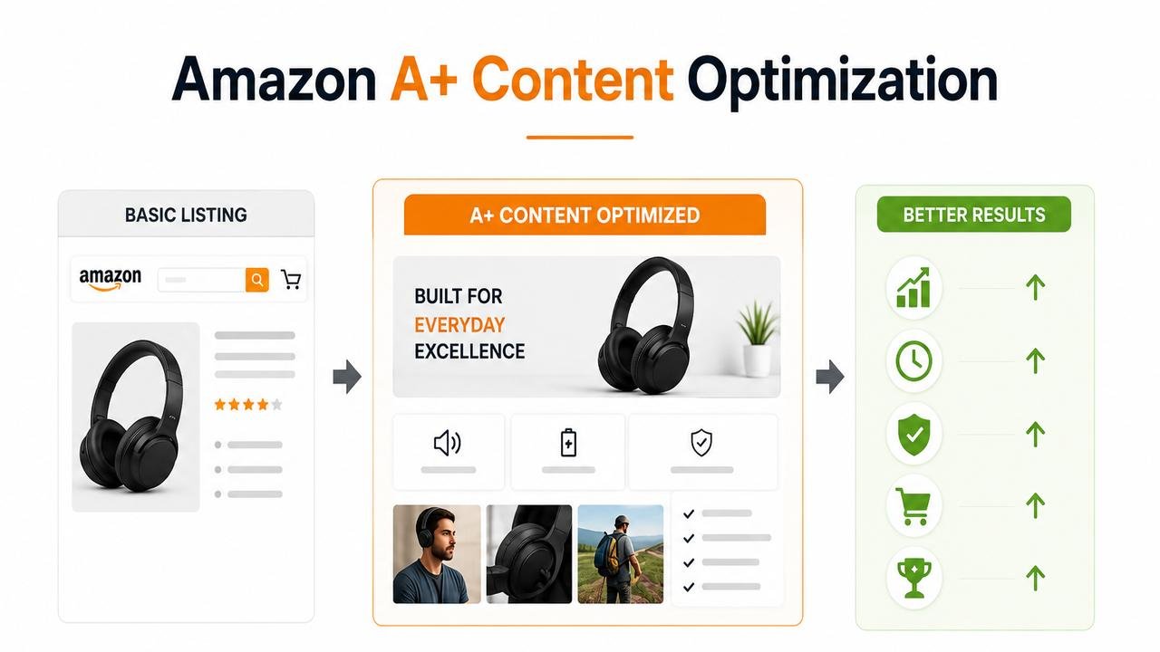 Amazon A+ Content Optimization infographic showing how enhanced product content improves engagement, trust, conversions, and sales.