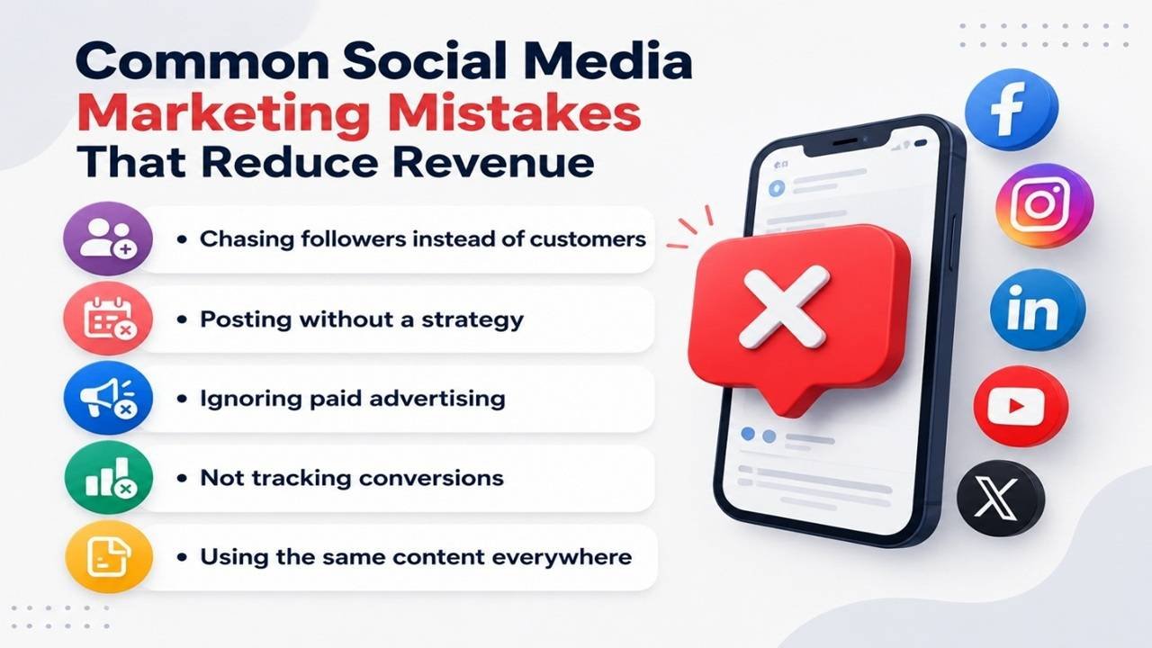 Illustration showing common social media marketing mistakes including chasing followers instead of customers, posting without a strategy, ignoring paid advertising, not tracking conversions, and using the same content everywhere.