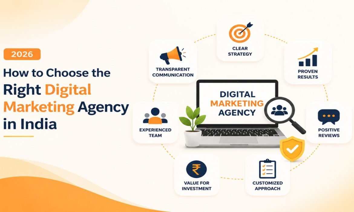 Minimal infographic showing how to choose the right digital marketing agency in India in 2026 with strategy, communication, results, reviews, and experienced team factors.