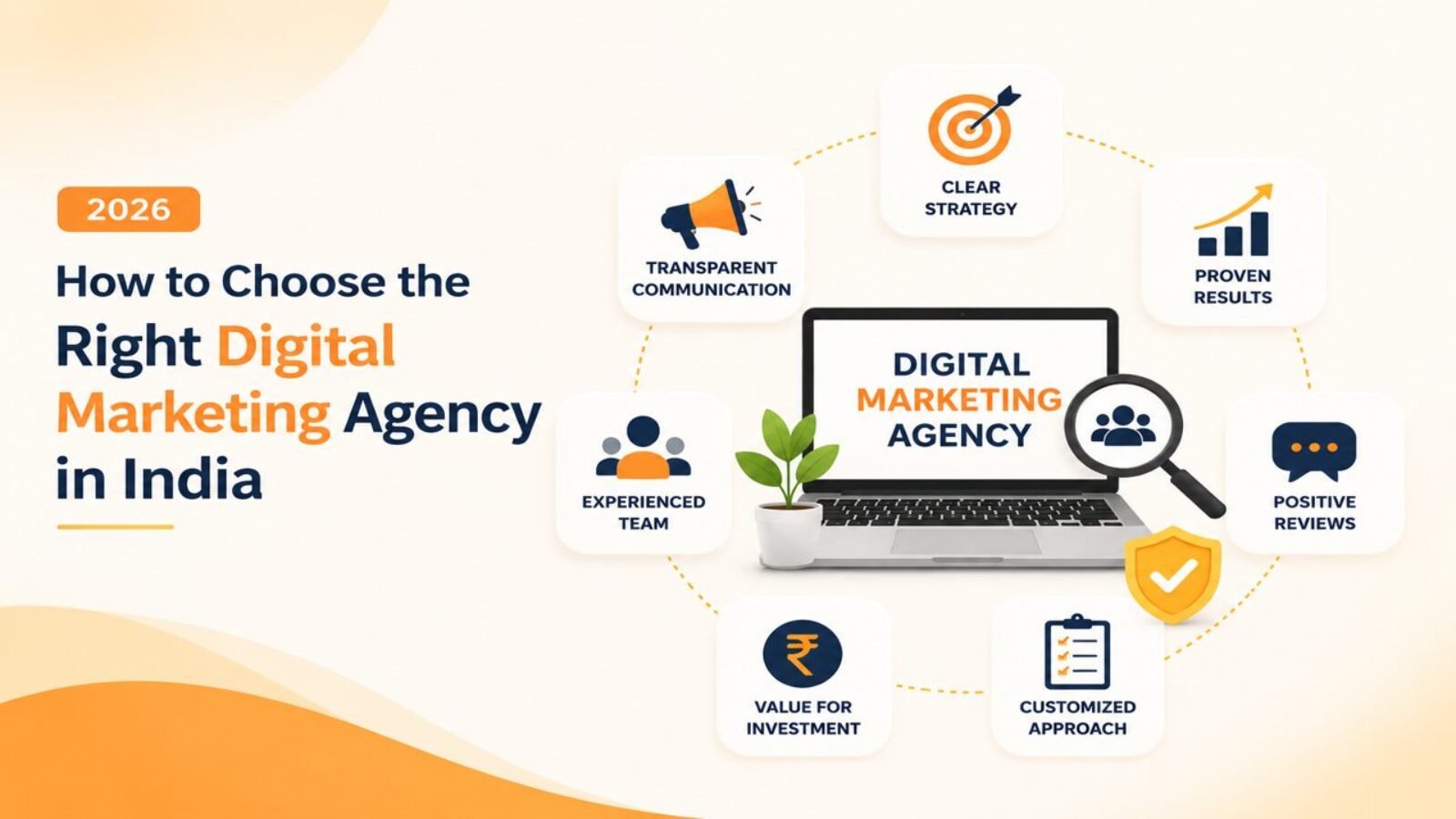 Minimal infographic showing how to choose the right digital marketing agency in India in 2026 with strategy, communication, results, reviews, and experienced team factors.