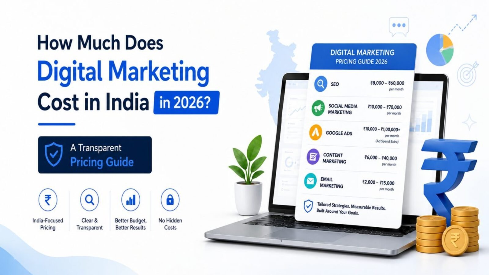 Digital marketing cost in India 2026 pricing guide showing SEO, Google Ads, social media marketing, content marketing, and email marketing pricing for Indian businesses.