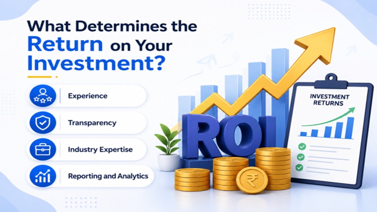 Digital marketing ROI factors infographic highlighting experience, transparency, industry expertise, reporting and analytics as key factors for maximizing return on investment.