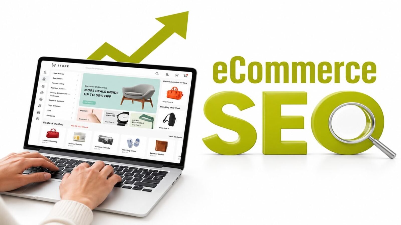 Ecommerce SEO services helping online stores rank higher, shown with laptop storefront and growth arrow