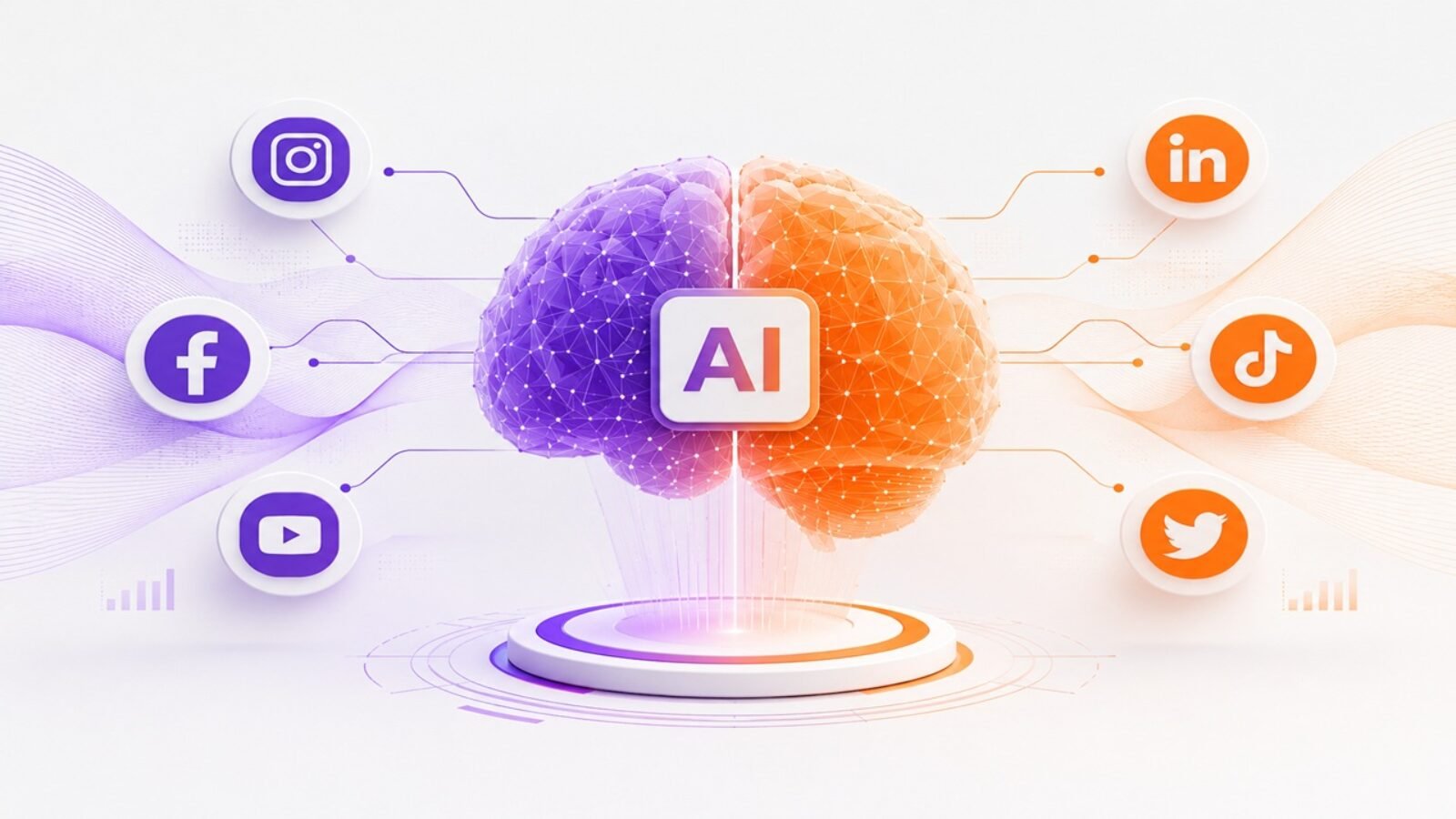 AI social media marketing concept showing artificial intelligence, social media automation, content creation, analytics, and business growth across digital platforms.