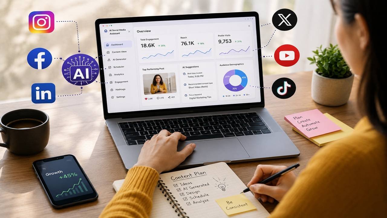 Professional using AI social media marketing tools on a laptop to automate content creation, scheduling, analytics, and audience engagement across Instagram, Facebook, LinkedIn, YouTube, TikTok, and X.