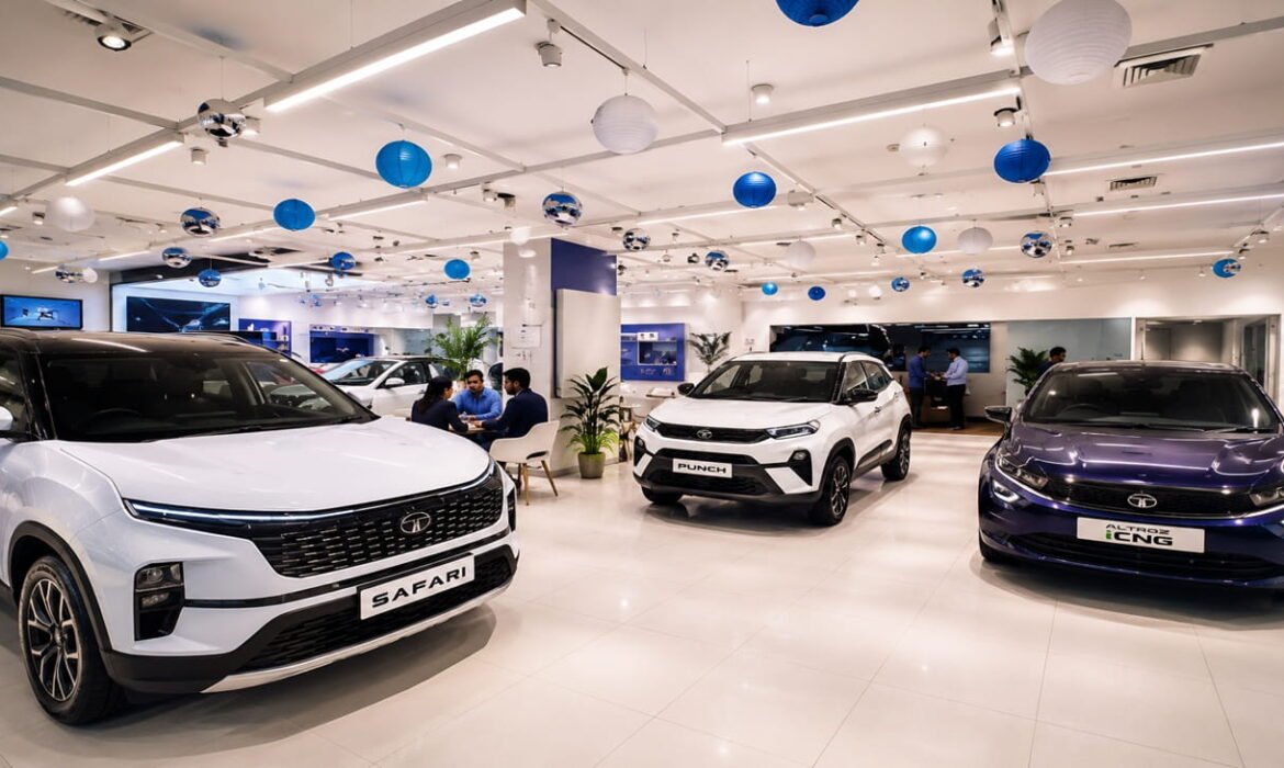 Modern automotive showroom displaying premium cars, representing a successful Automotive PPC Case Study focused on Google Ads, lead generation, and test drive bookings.