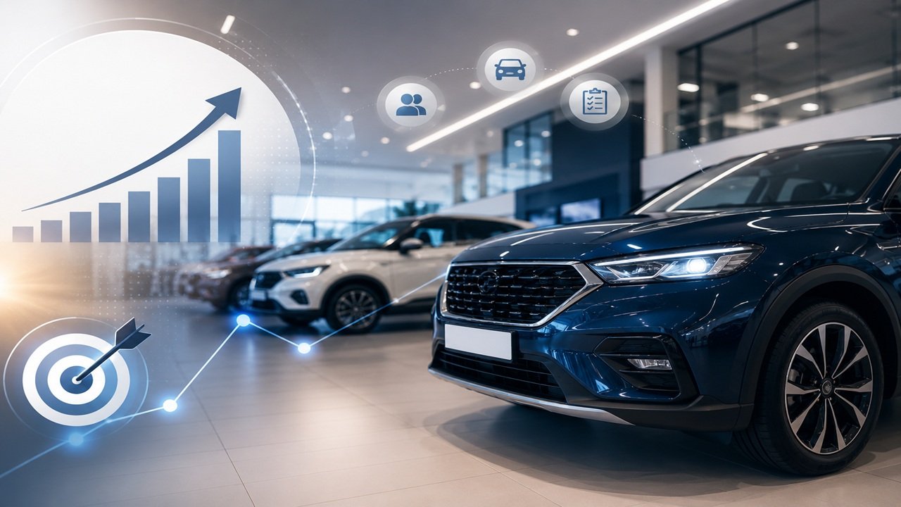 Modern automotive dealership showroom with premium vehicles, growth analytics, and digital marketing elements representing a successful Automotive PPC Case Study.