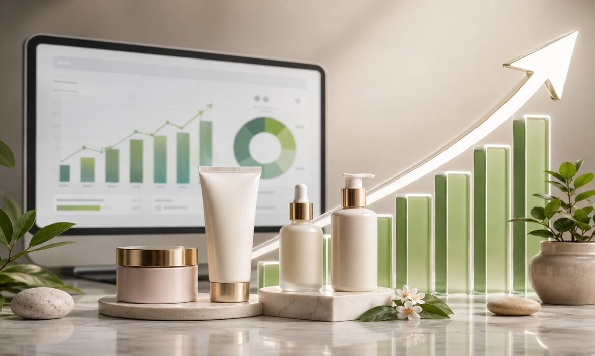 D2C digital marketing campaign for a Jaipur skincare brand showing premium skincare products with business growth analytics and increasing sales performance.