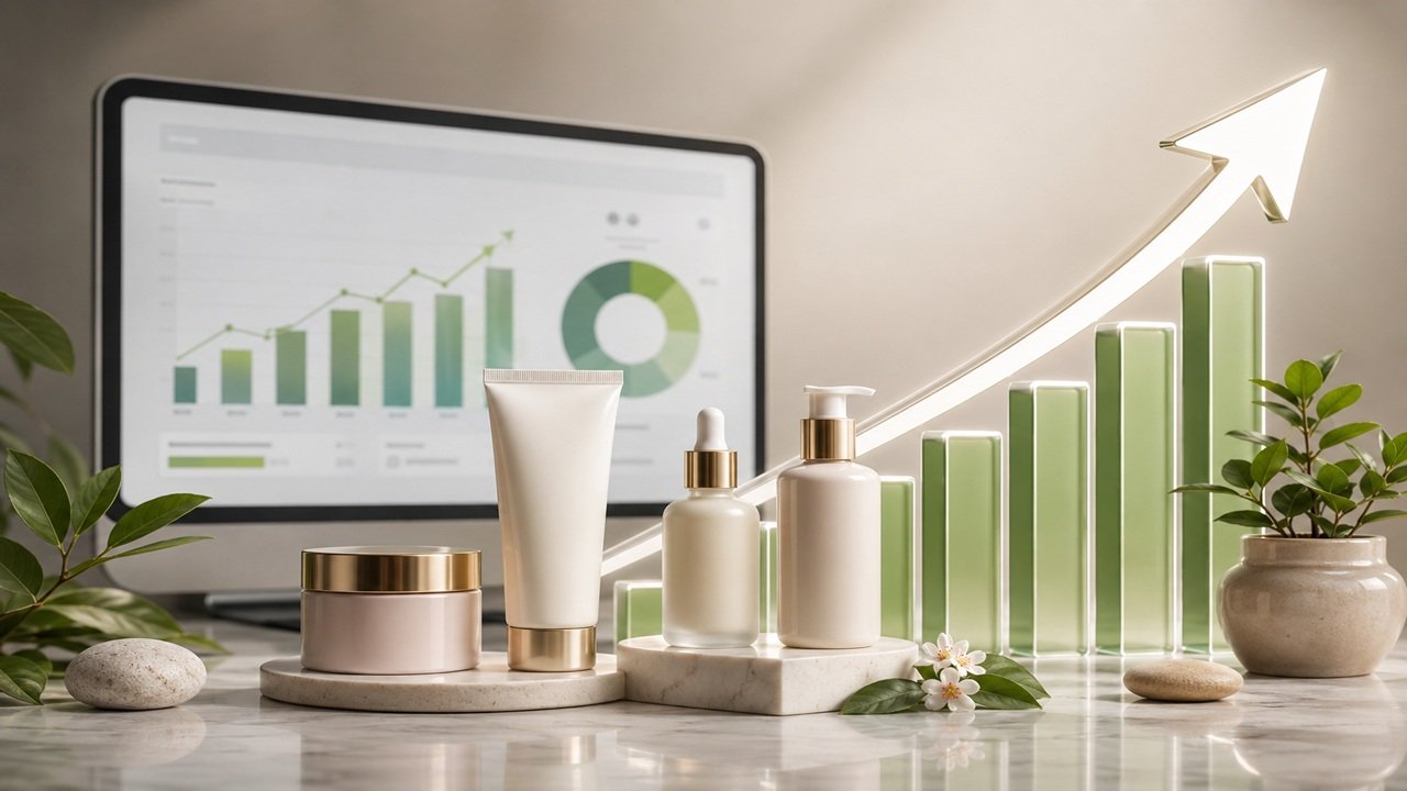 D2C digital marketing campaign for a Jaipur skincare brand showing premium skincare products with business growth analytics and increasing sales performance.