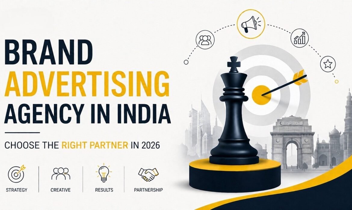 Minimal banner for Brand Advertising Agency in India featuring strategic branding, target audience, and business growth concepts.