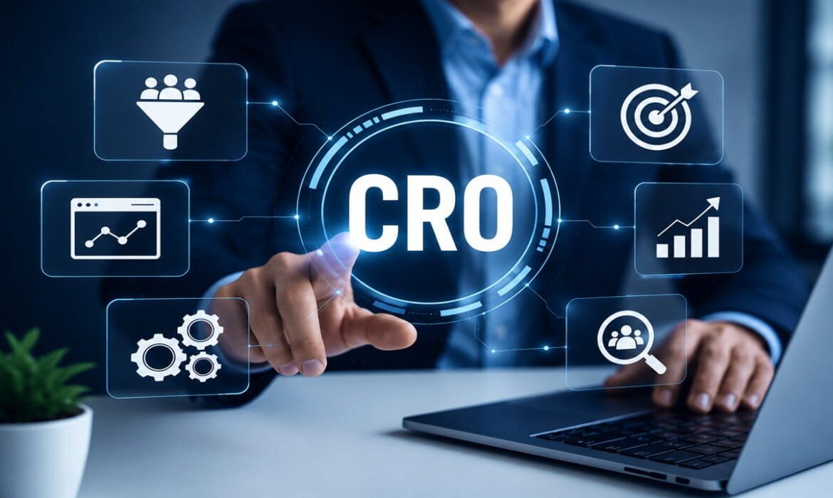 Conversion Rate Optimization dashboard showing CRO analytics, user behavior insights, A/B testing, and website conversion growth
