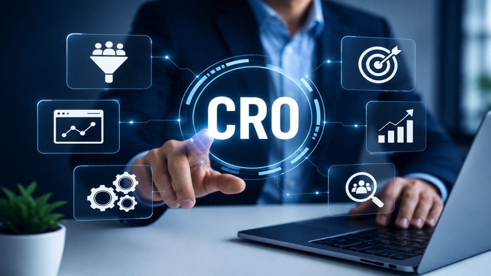 Conversion Rate Optimization dashboard showing CRO analytics, user behavior insights, A/B testing, and website conversion growth