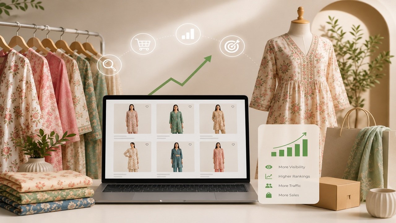 Laptop displaying an online fashion store with kurtis and co-ord sets alongside d2c fashion brand ecommerce SEO growth indicators, improved rankings and organic traffic.