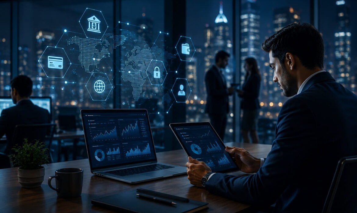 Professional fintech company using digital marketing services with analytics dashboard, global financial network, digital banking icons, and business intelligence in a modern corporate office.