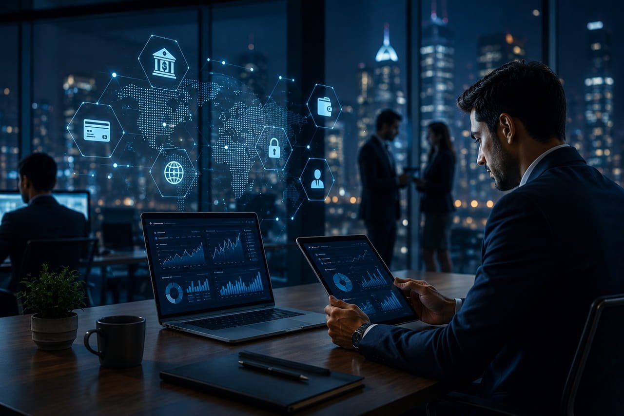 Professional fintech company using digital marketing services with analytics dashboard, global financial network, digital banking icons, and business intelligence in a modern corporate office.