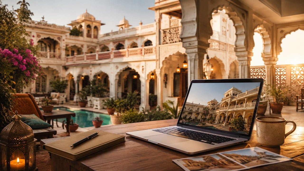 Luxury heritage haveli boutique hotel with laptop displaying website, representing SEO-driven direct booking enquiries through organic search without paid advertising.