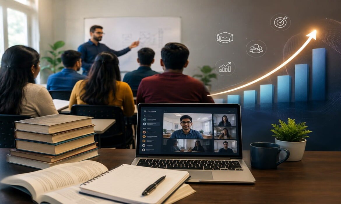 Professional education institute using education marketing services to increase student enrollments through digital marketing campaigns in a modern classroom.