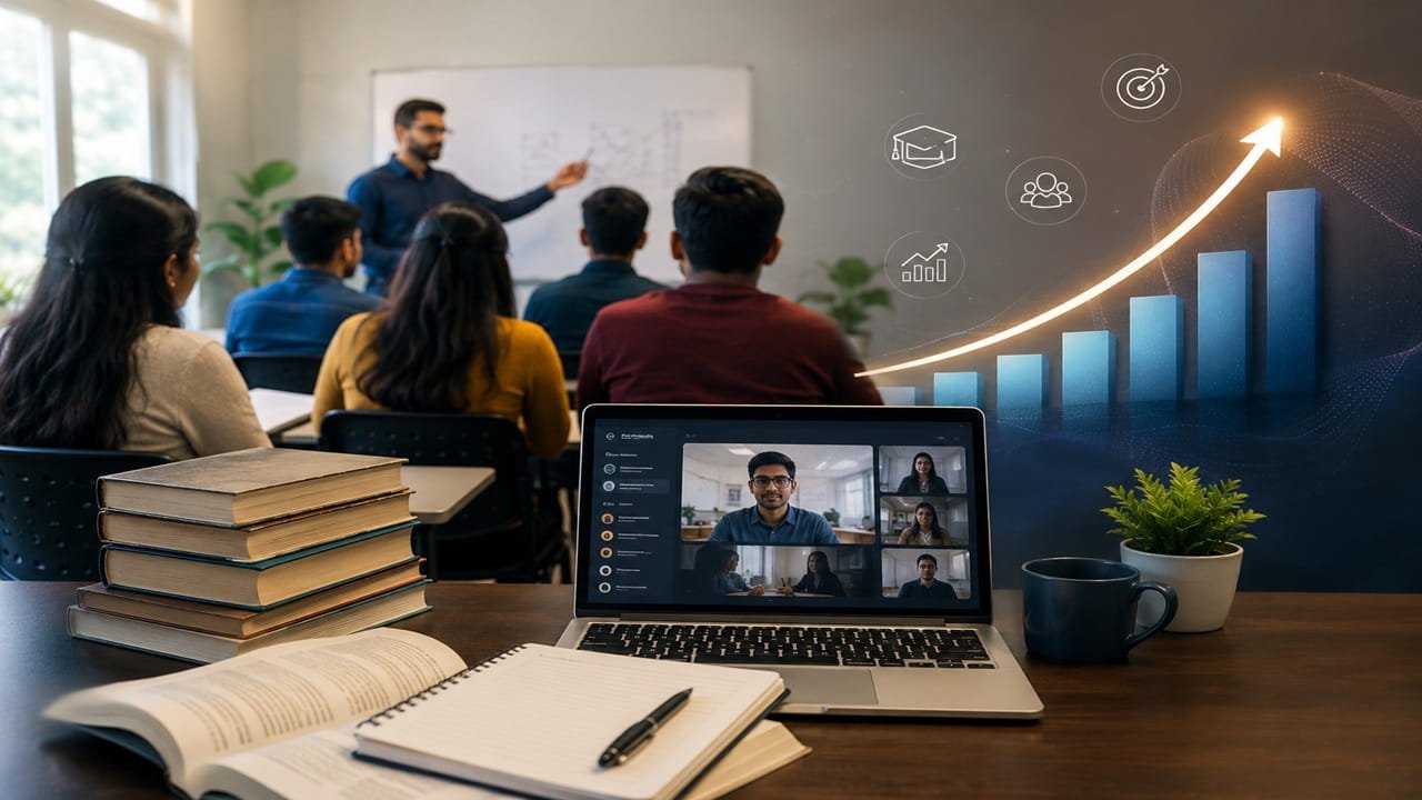 Professional education institute using education marketing services to increase student enrollments through digital marketing campaigns in a modern classroom.