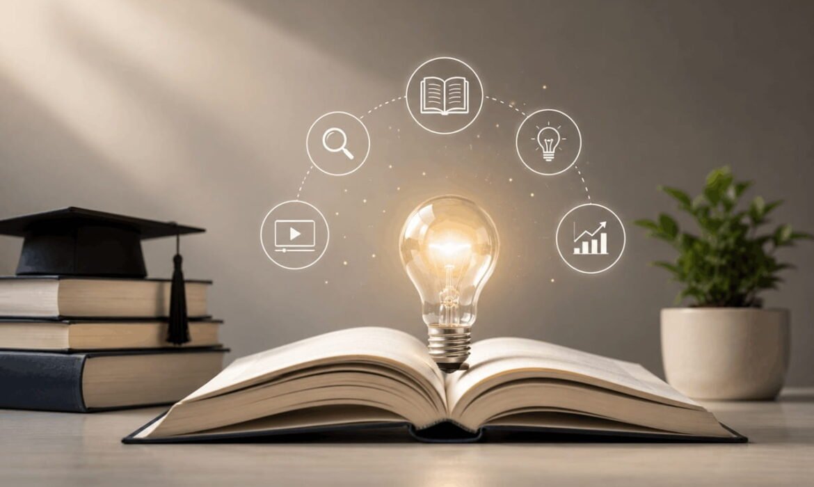 Educational content marketing concept featuring open books, graduation cap, learning resources, knowledge sharing, audience engagement, and content-driven brand trust development.