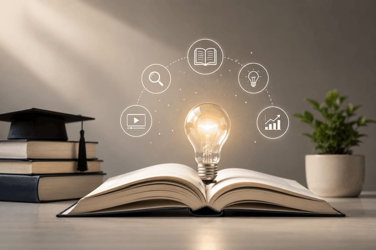 Educational content marketing concept featuring open books, graduation cap, learning resources, knowledge sharing, audience engagement, and content-driven brand trust development.