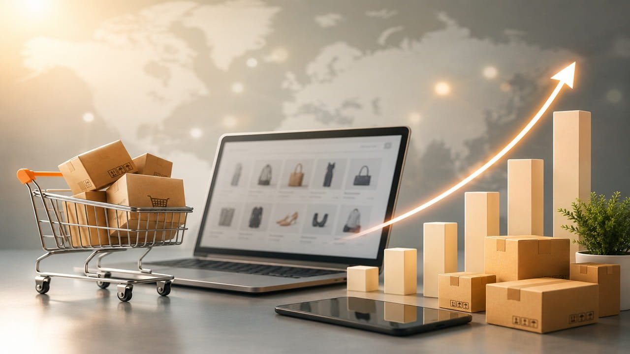 Premium e-commerce sales growth illustration showcasing online shopping, digital marketing performance, and business expansion by a Facebook marketing agency.