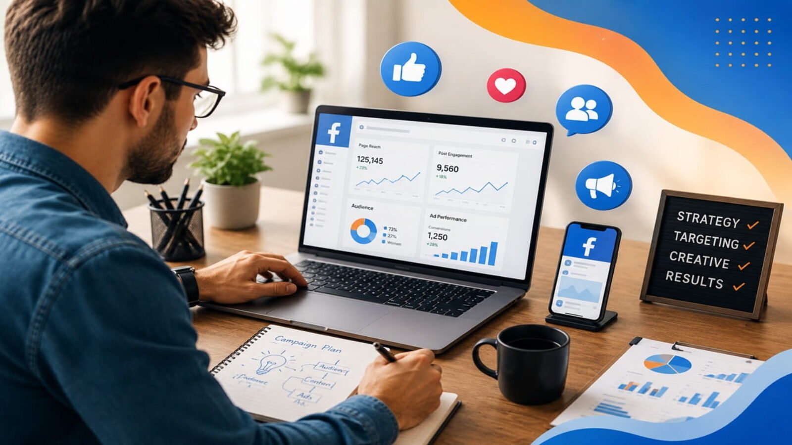 Facebook Marketing Agency professional managing Meta Ads campaigns with social media analytics dashboard, audience targeting, campaign optimization, and lead generation strategy for business growth.