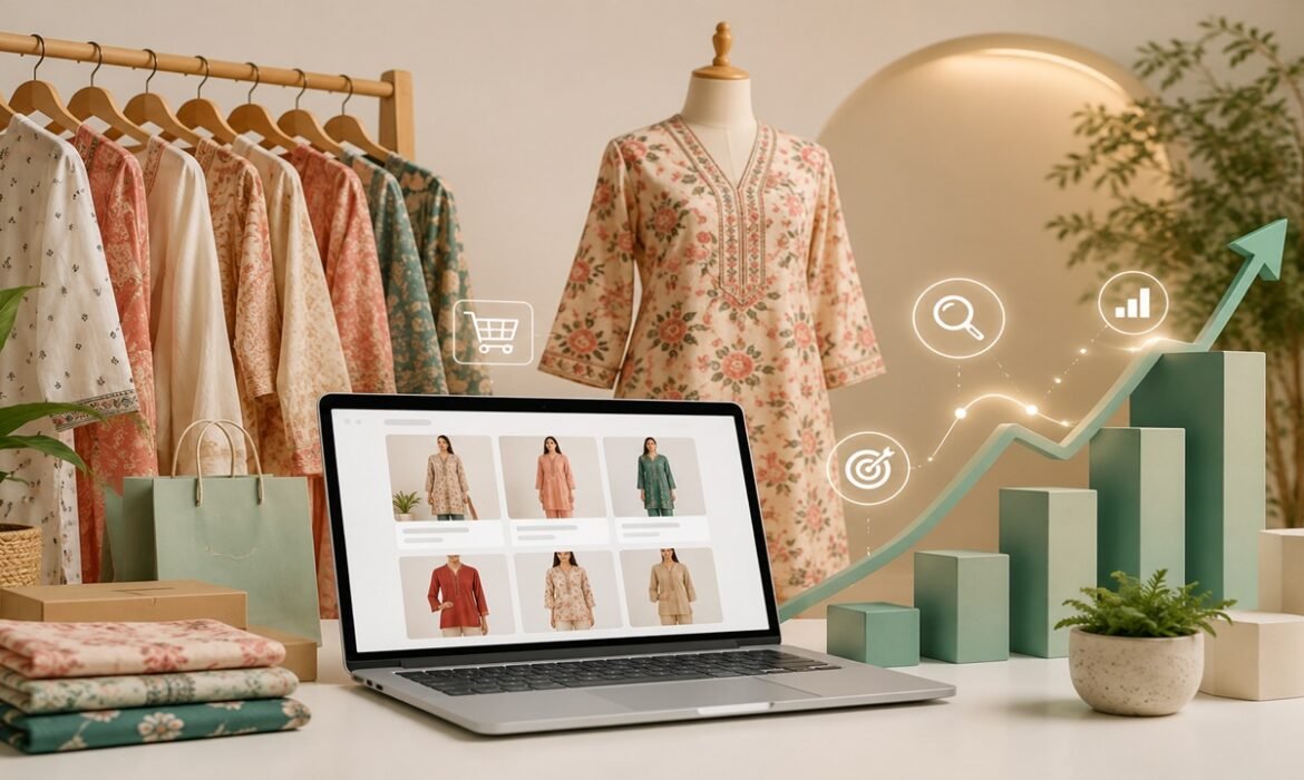 Laptop displaying an online fashion store with kurtis and co-ord sets alongside ecommerce SEO growth indicators, improved rankings and organic traffic.