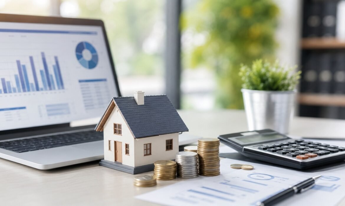 Professional financial SEO concept showing laptop with analytics dashboard, home model, calculator, and coins representing finance SEO services that increase qualified loan enquiries.