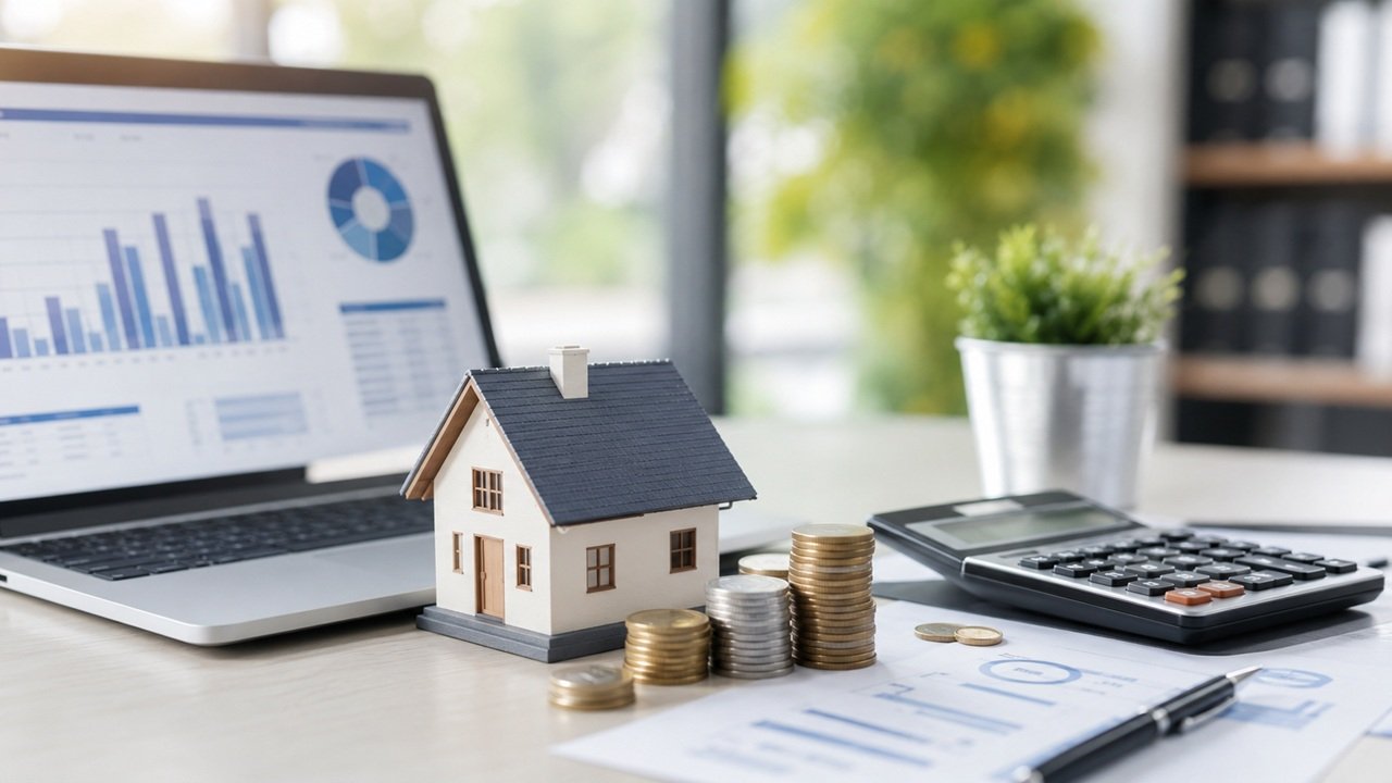 Professional financial SEO concept showing laptop with analytics dashboard, home model, calculator, and coins representing finance SEO services that increase qualified loan enquiries.