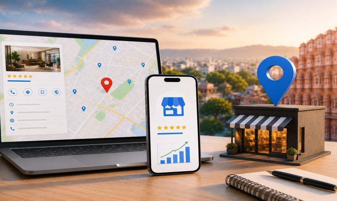 Premium Google Business Profile optimization and Local SEO case study image showing business listing growth, local search visibility, and Google Maps presence in Jaipur.