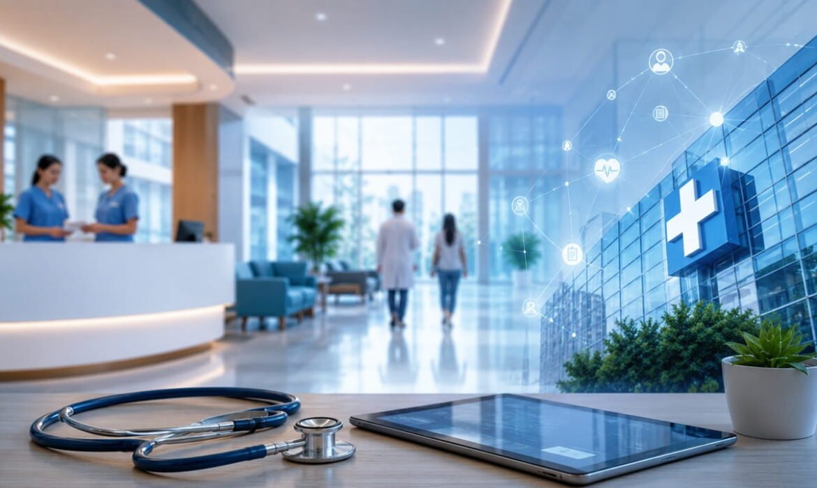 Premium healthcare digital marketing concept showing a modern hospital, digital patient engagement technology, online healthcare services, and a seamless digital healthcare experience.