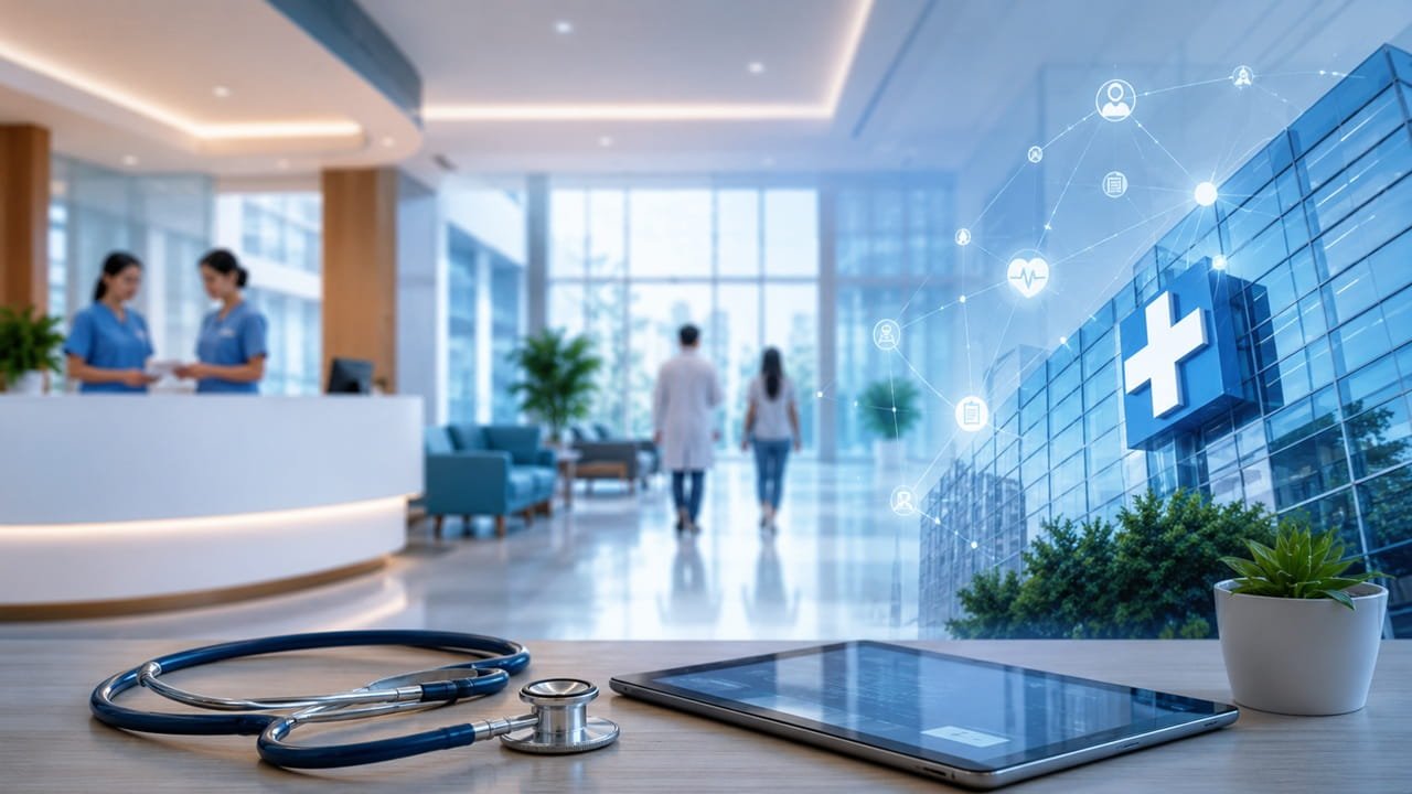 Premium healthcare digital marketing concept showing a modern hospital, digital patient engagement technology, online healthcare services, and a seamless digital healthcare experience.