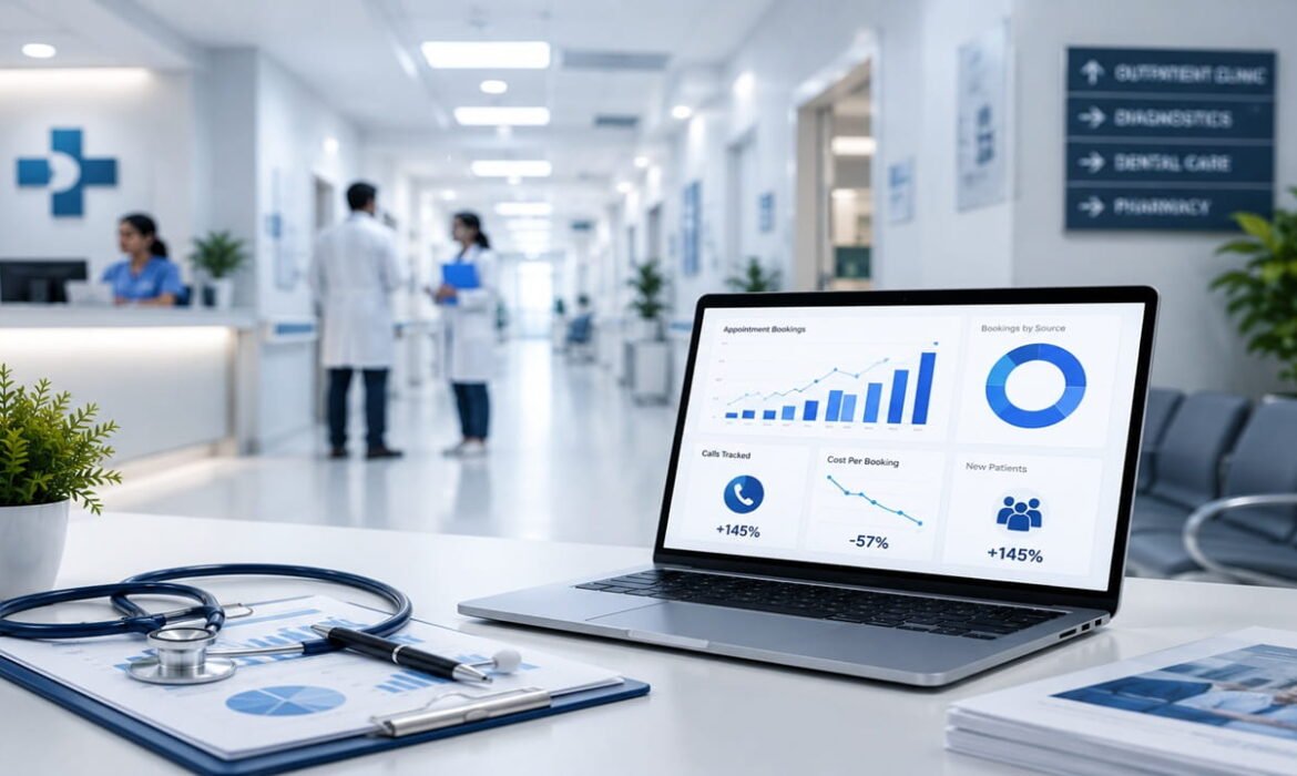 Modern hospital interior with healthcare analytics dashboard, laptop, doctors, and patient appointment growth representing a Healthcare PPC marketing case study.