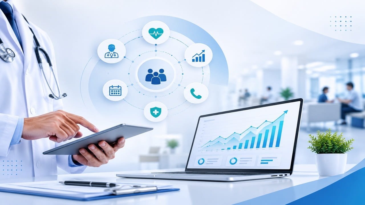 Modern hospital interior with doctors, reception area, analytics dashboard, and laptop representing a healthcare PPC case study focused on appointment booking growth and Google Ads performance.