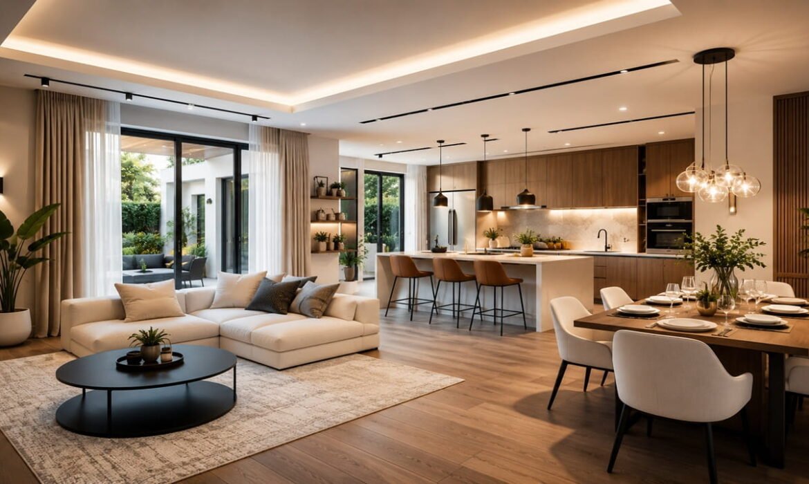 Luxury modern interior design showcasing premium home renovation and remodeling services, featuring elegant living spaces, custom furnishings, contemporary kitchen design, and sophisticated home improvement craftsmanship.