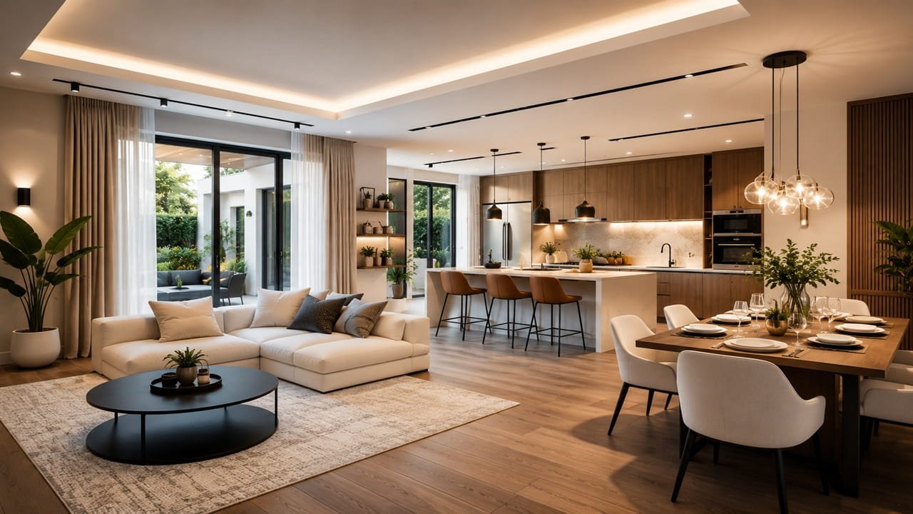 Luxury modern interior design showcasing premium home renovation and remodeling services, featuring elegant living spaces, custom furnishings, contemporary kitchen design, and sophisticated home improvement craftsmanship.