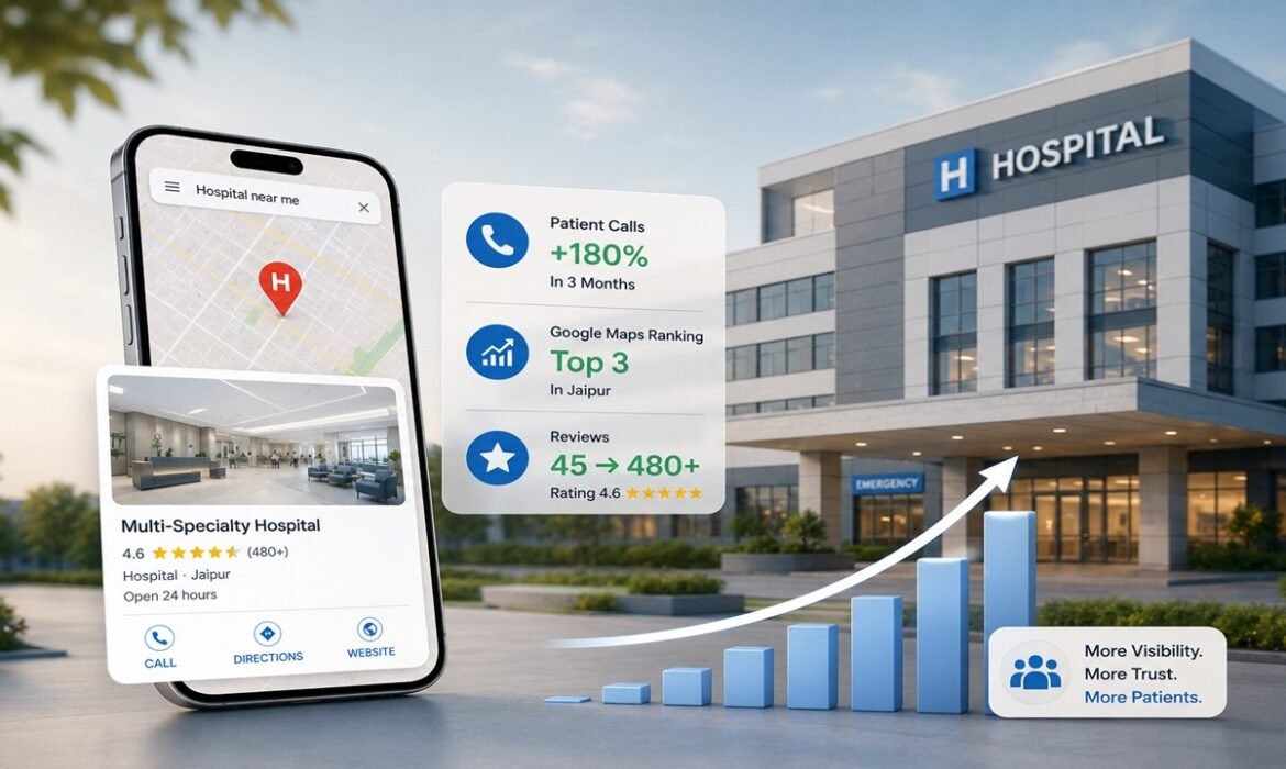Premium hospital local SEO case study image showcasing Google Business Profile optimization, Google Maps visibility, and increased patient leads for a Jaipur hospital.