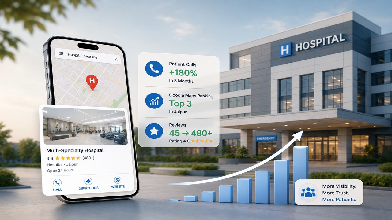 Premium hospital local SEO case study image showcasing Google Business Profile optimization, Google Maps visibility, and increased patient leads for a Jaipur hospital.