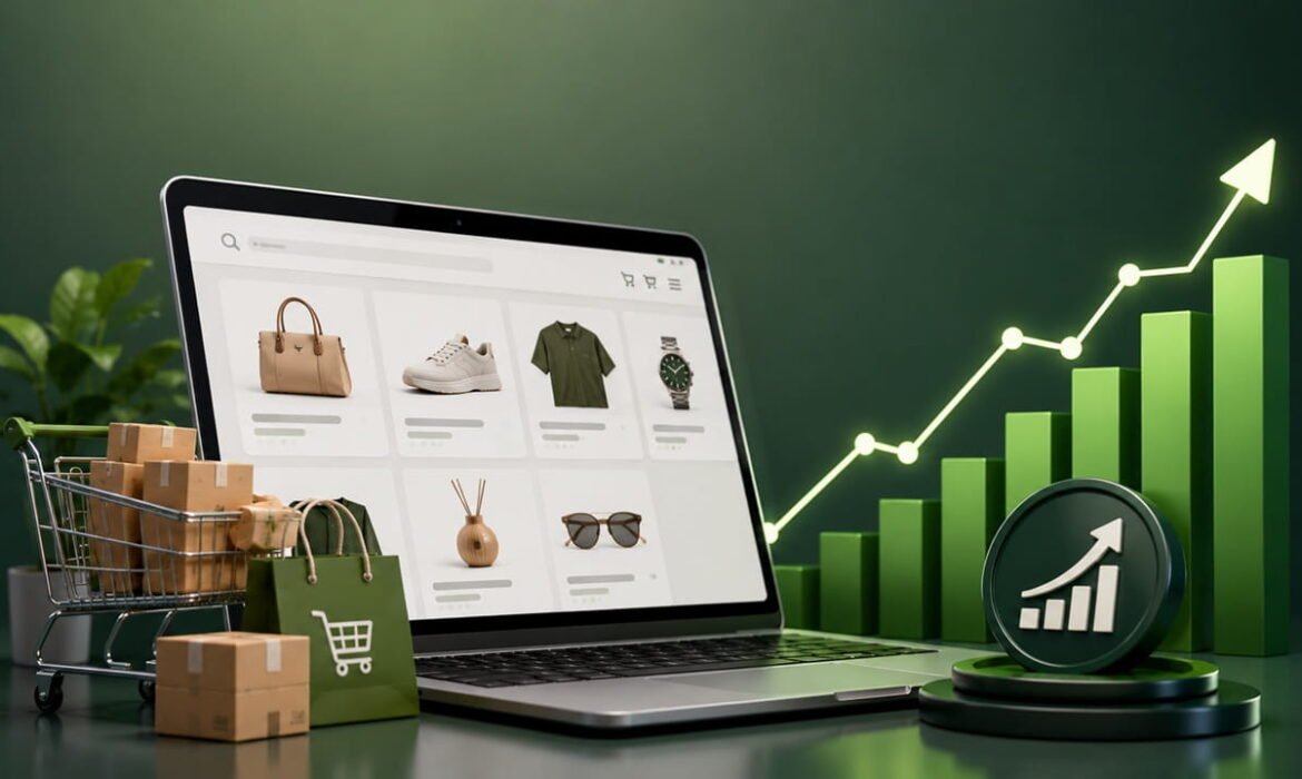 Ecommerce SEO services dashboard showing online store growth with organic traffic analytics, product listings, shopping cart, and increasing sales performance graph.