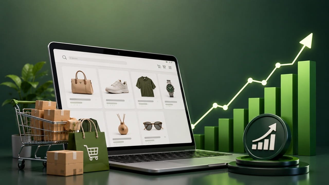 Ecommerce SEO services dashboard showing online store growth with organic traffic analytics, product listings, shopping cart, and increasing sales performance graph.