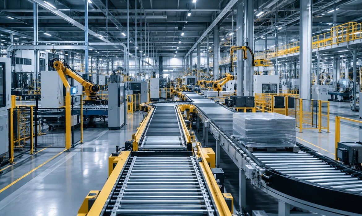 Premium industrial manufacturing facility featuring automated conveyor systems, material handling equipment, robotic automation, and large-scale production operations representing successful industrial lead generation strategies.